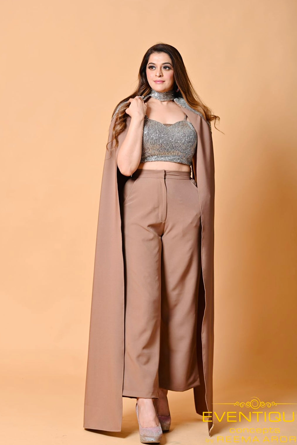 3-Piece Sequined Trail Cape Set - Earthy Brown