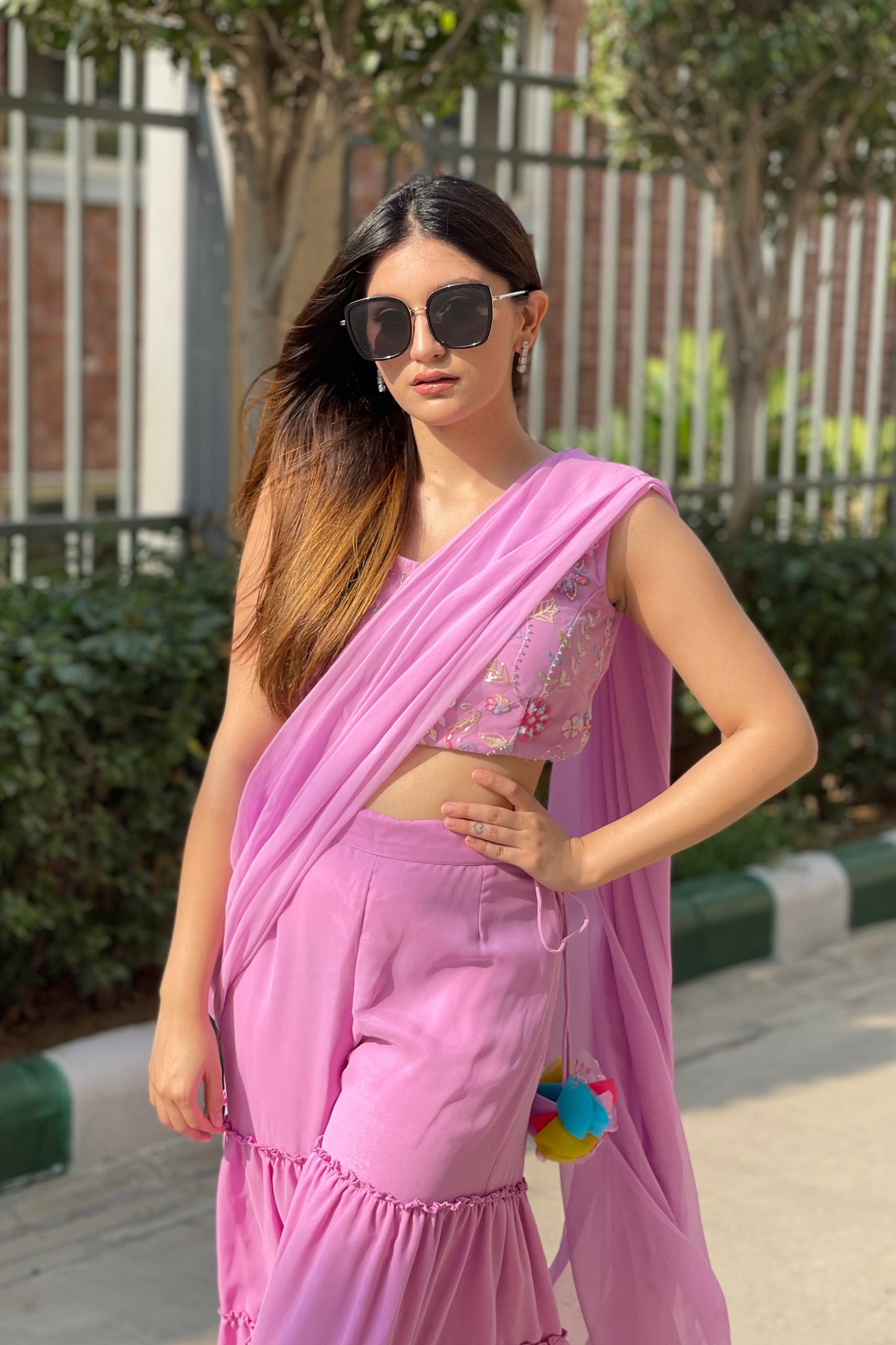 Embellished Drape Sharara Saree (Blouse & Belt) - Pink