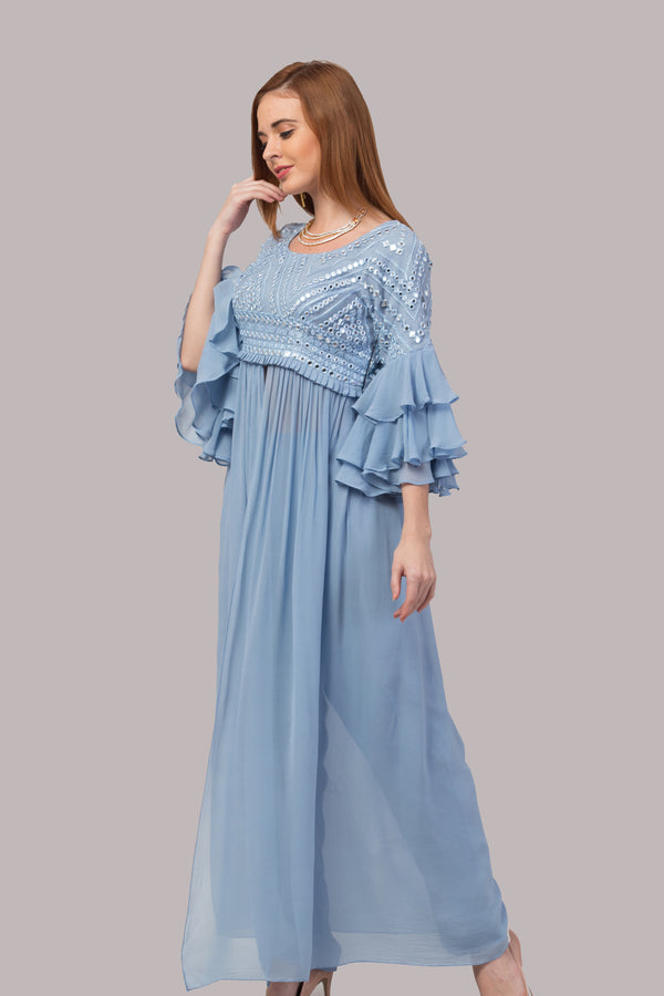 Sky Blue Suit with Three Tier Dramatic Sleeves and pants - wishdrobe