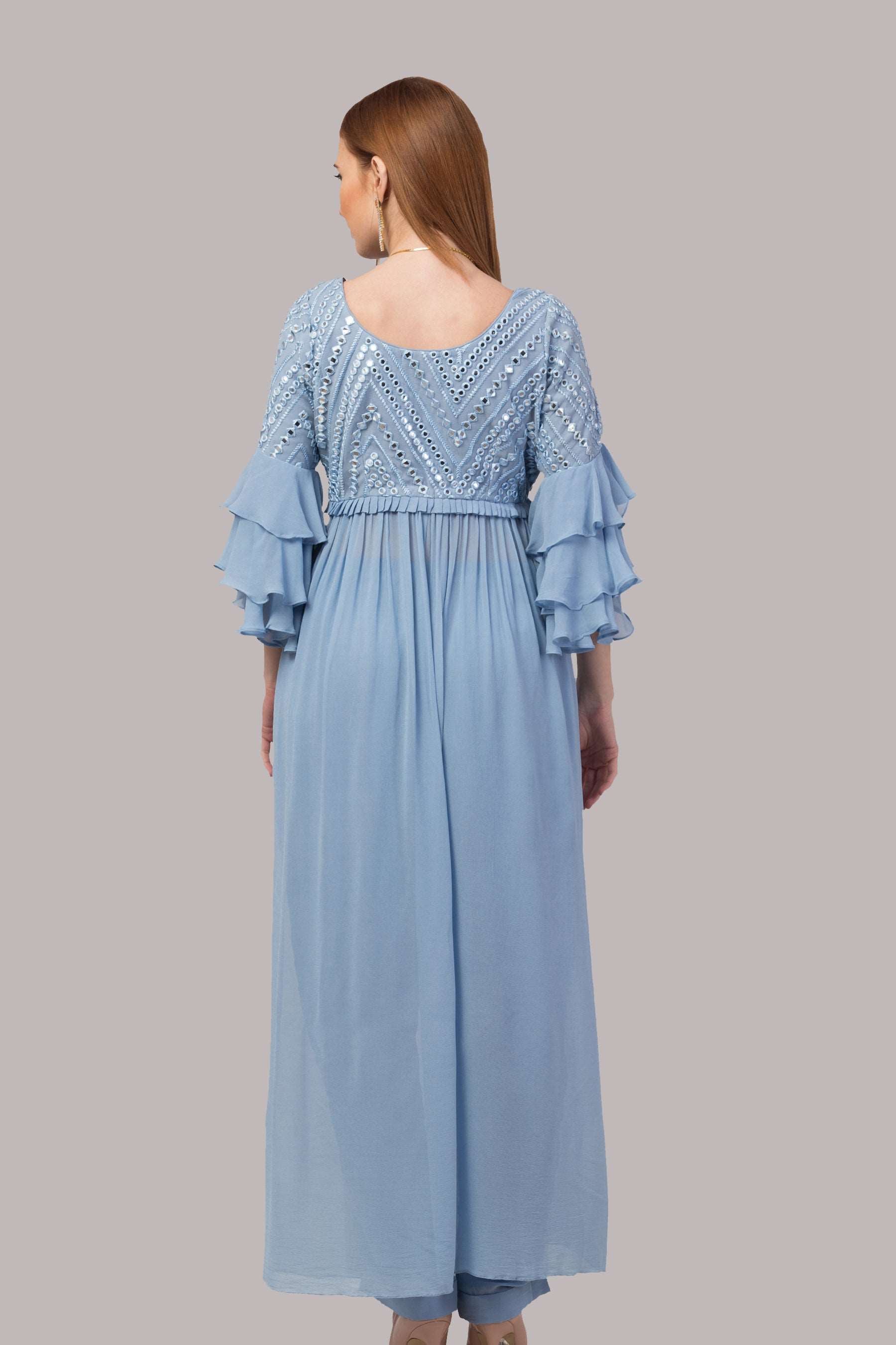 Sky Blue Suit with Three Tier Dramatic Sleeves and pants - wishdrobe