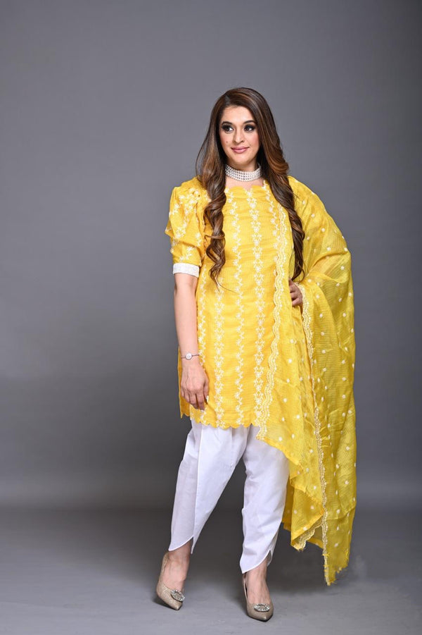 Mango sorbet suit set with tulip pants and dupatta - wishdrobe