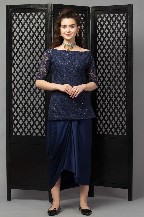 High-low Embellished Kurta with Drape Dhoti Skirt - wishdrobe