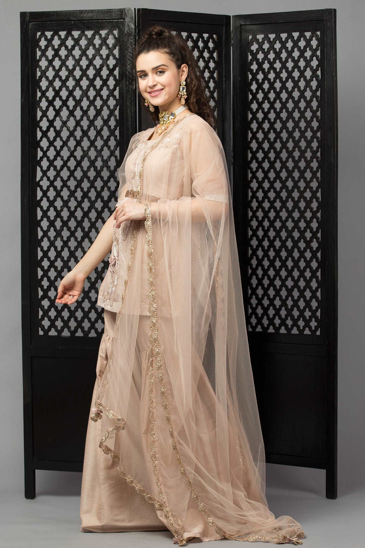 Peachy Nude Sharara Suit With Dupatta and Fur Belt - wishdrobe