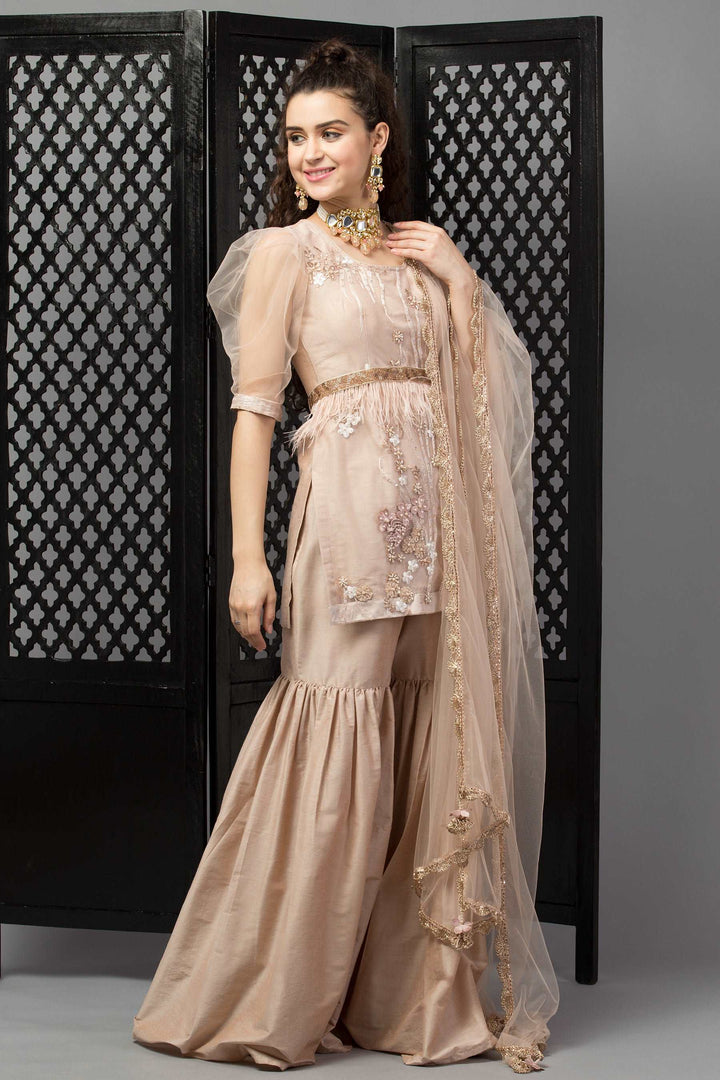 Peachy Nude Sharara Suit With Dupatta and Fur Belt - wishdrobe