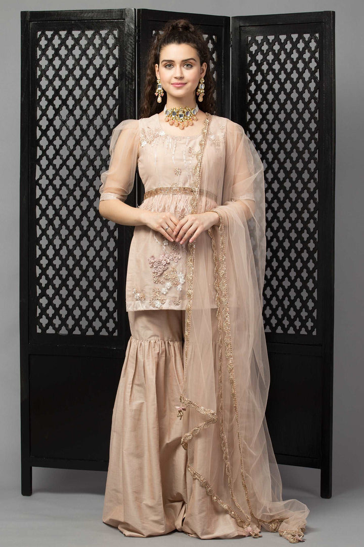 Peachy Nude Sharara Suit With Dupatta and Fur Belt - wishdrobe