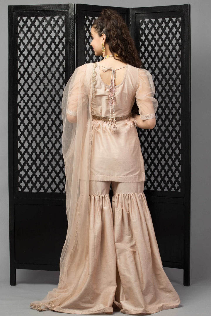 Peachy Nude Sharara Suit With Dupatta and Fur Belt - wishdrobe