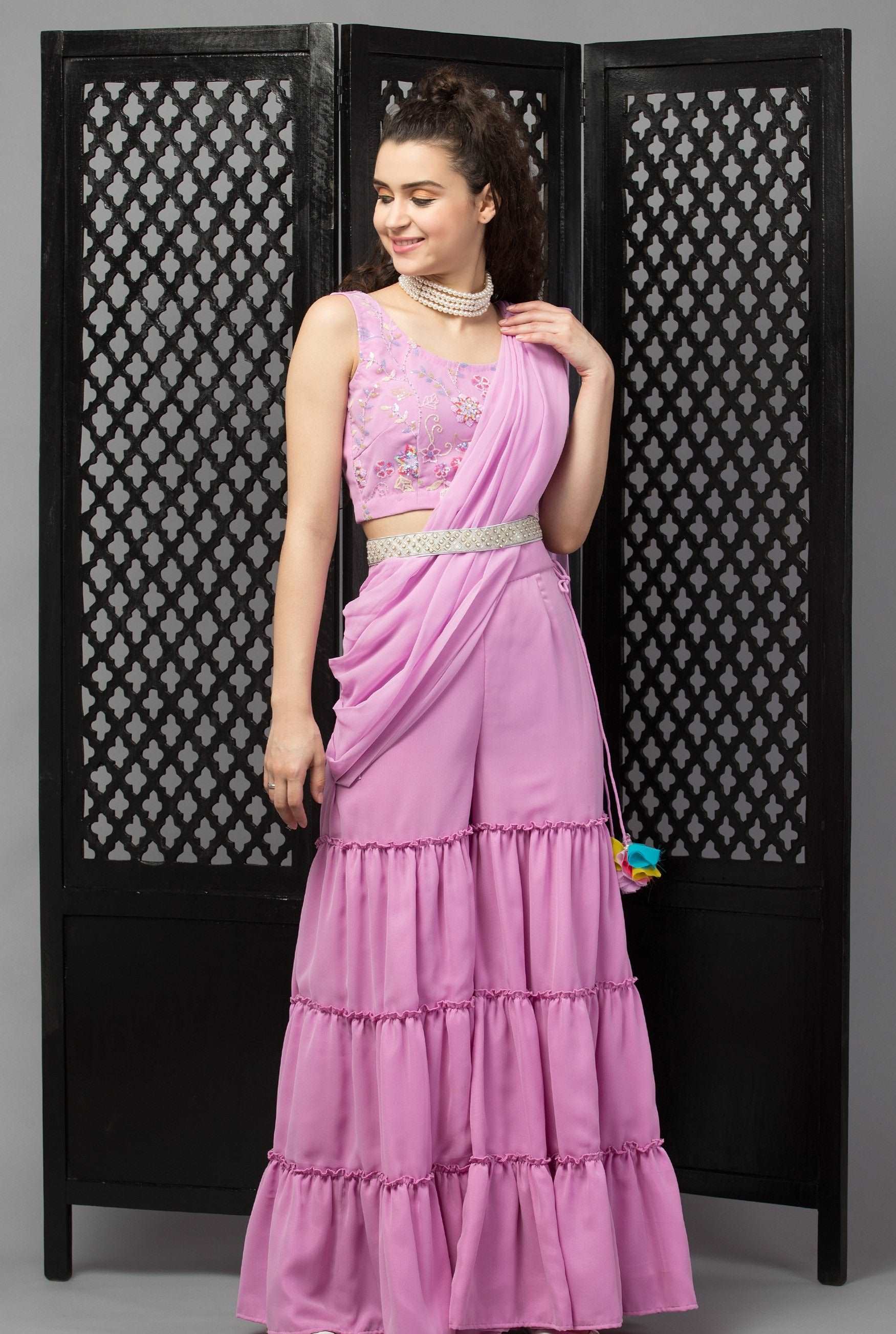 Blush Pink Embellished Drape Sharara Saree With Blouse And Belt