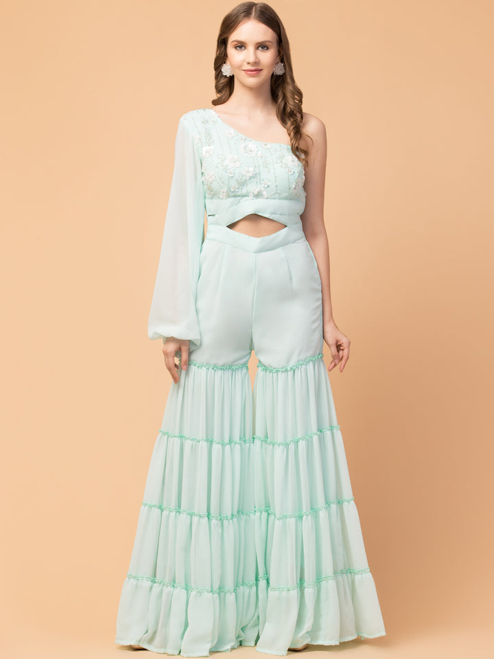 Misty Mint Three-Tier Indo-Western Jumpsuit - wishdrobe