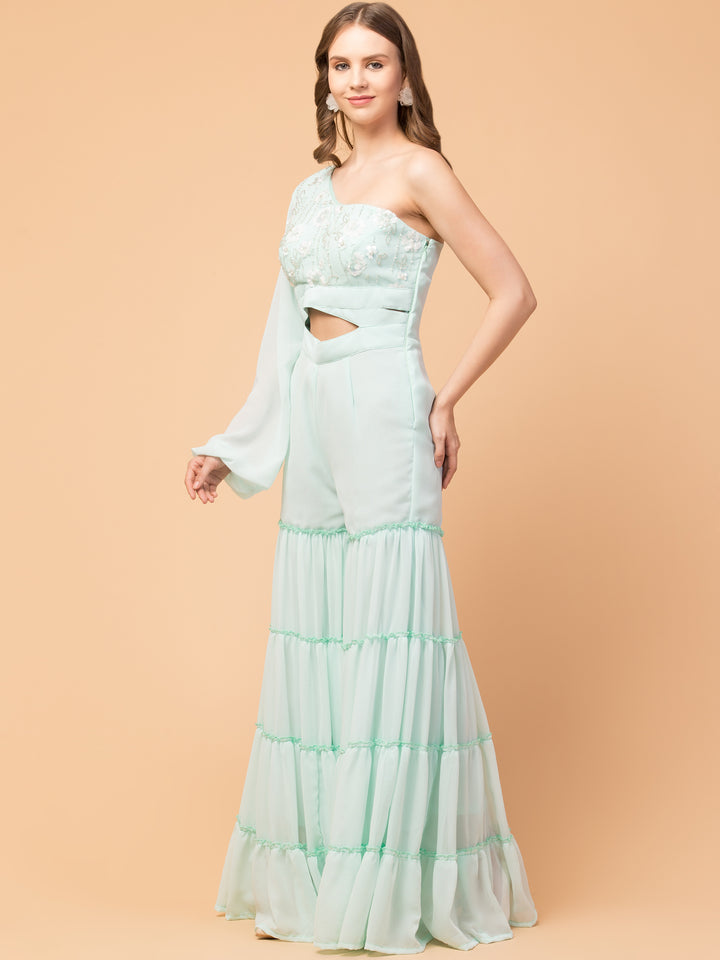 Misty Mint Three-Tier Indo-Western Jumpsuit - wishdrobe