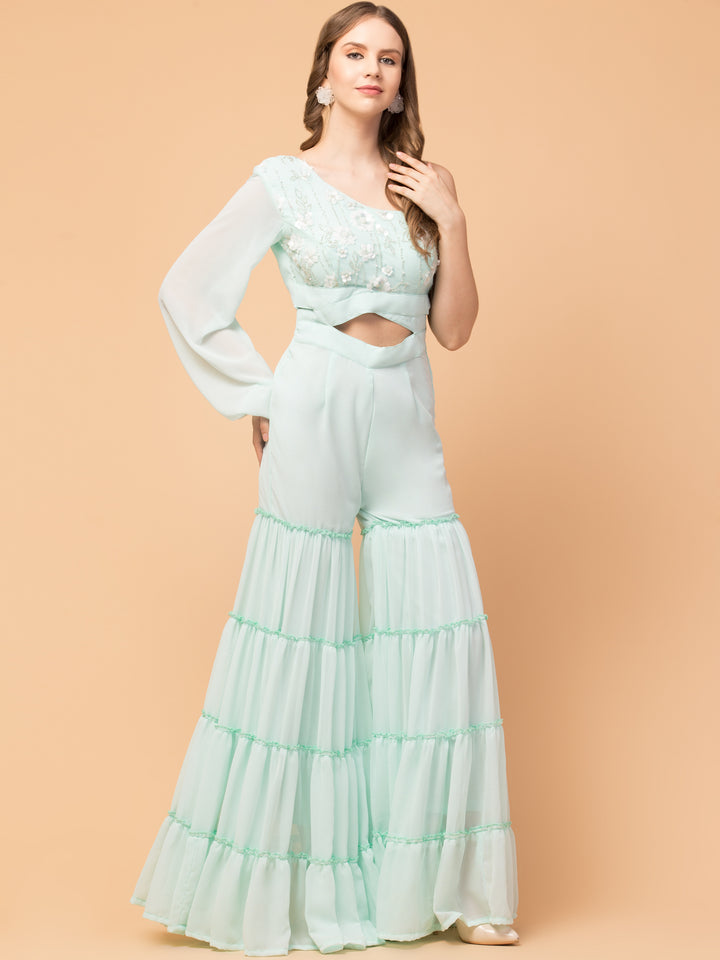 Misty Mint Three-Tier Indo-Western Jumpsuit - wishdrobe