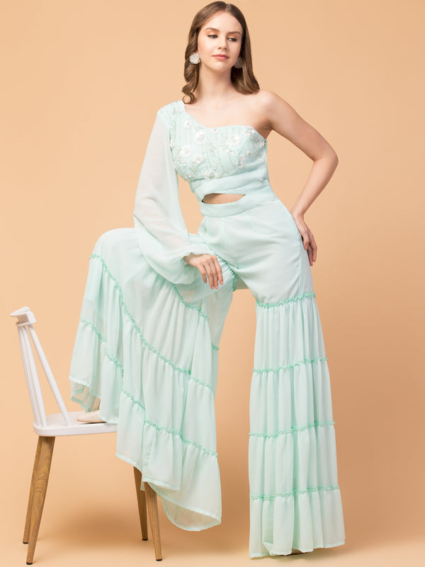 Misty Mint Three-Tier Indo-Western Jumpsuit - wishdrobe