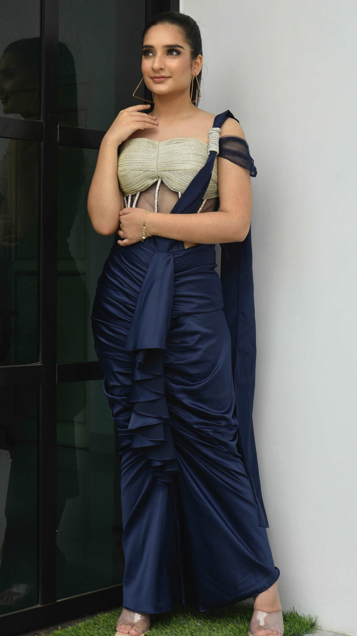 Bespoke Royal Blue Corset Draped Saree - wishdrobe