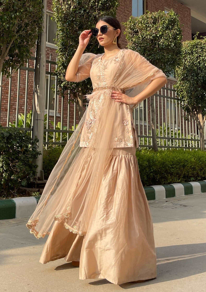 Peachy Nude Sharara Suit With Dupatta and Fur Belt - wishdrobe